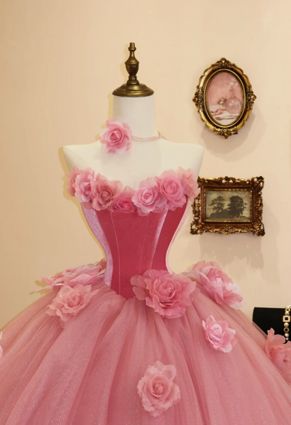 Sweet girl cherry pink tube top flower A-line wedding dress P2795