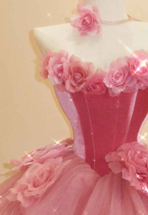 Sweet girl cherry pink tube top flower A-line wedding dress P2795