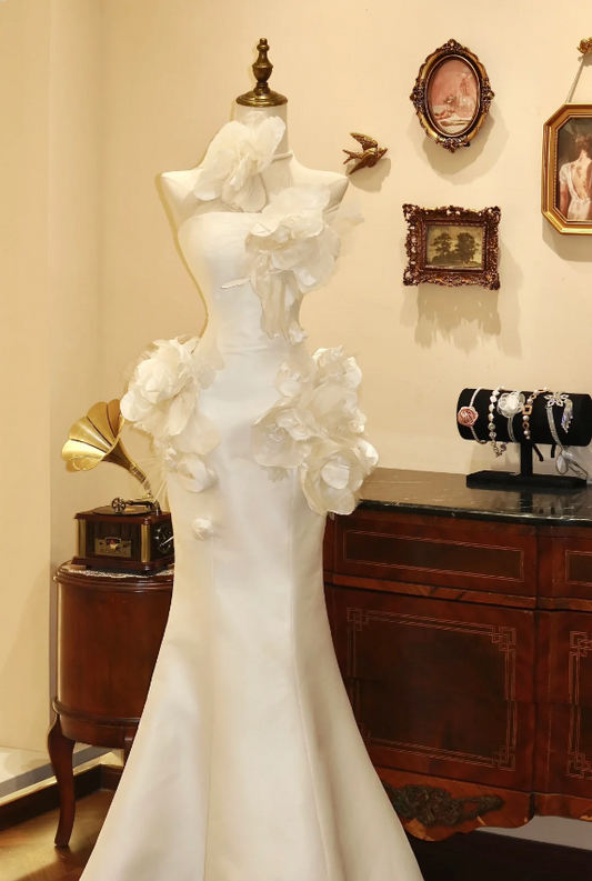 White Moonlight Satin Fishtail Flower Mermaid Wedding Dress P2796