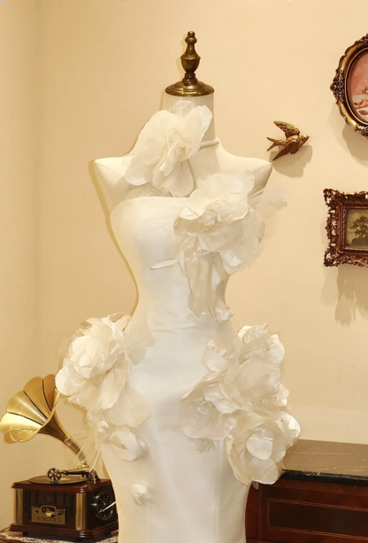 White Moonlight Satin Fishtail Flower Mermaid Wedding Dress P2796