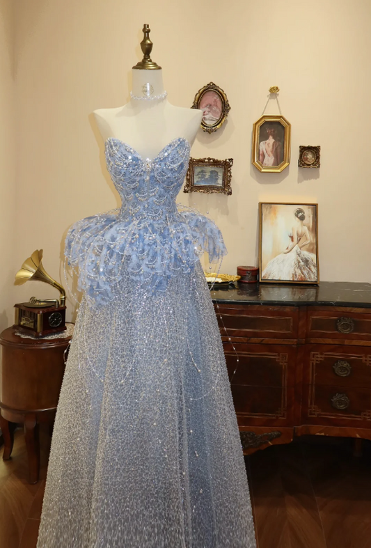 Elegant Blue Strapless Beaded A-Line Floor-Length Wedding Dress P2798