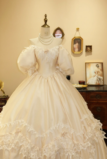 Vintage Champagne Off-the-shoulder Puff Sleeve Satin Lace Princess Wedding Dress P2799