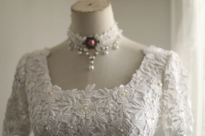 Vintage Square Neck Short Sleeve Satin Elegant Floor-Length Wedding Dress P2803