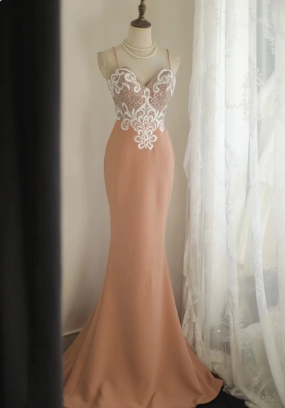 Elegant Pink Slim Fit Fishtail Satin Princess Wedding Dress P2804