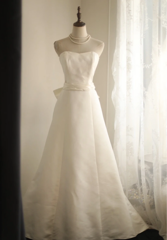 Simple Satin Bowknot Tube Top Retro A-Line Princess Floor-Length Wedding Dress P2805