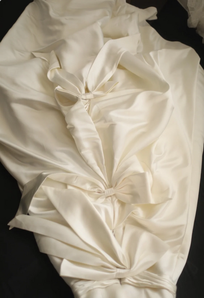 Simple Satin Bowknot Tube Top Retro A-Line Princess Floor-Length Wedding Dress P2805