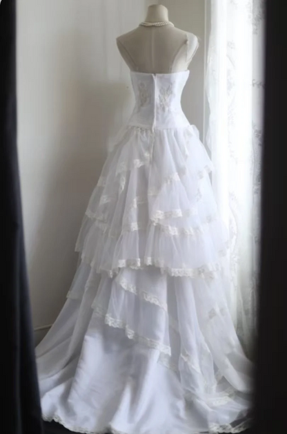 Retro Palace Princess Tube Top Irregular Layered Lace A-Line Wedding Dress P2807