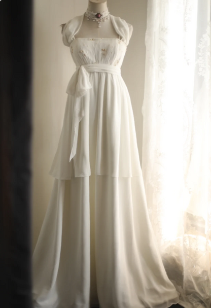 Simple halterneck Roman chiffon flowing wedding dress P2809