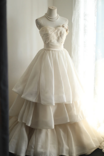 Champagne Color Sweetheart Neck Floral A-Line Layered Floor-Length Wedding Dress P2810