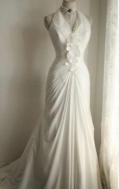Roman Style Halter Neck Chiffon Fishtail A-Line Wedding Dress P2812