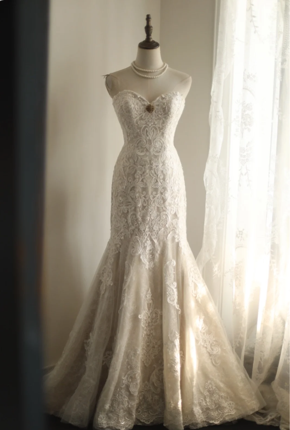 Vintage Lace Mesh Splicing Heart-Shaped Neck Mermaid Princess Wedding Dress P2814