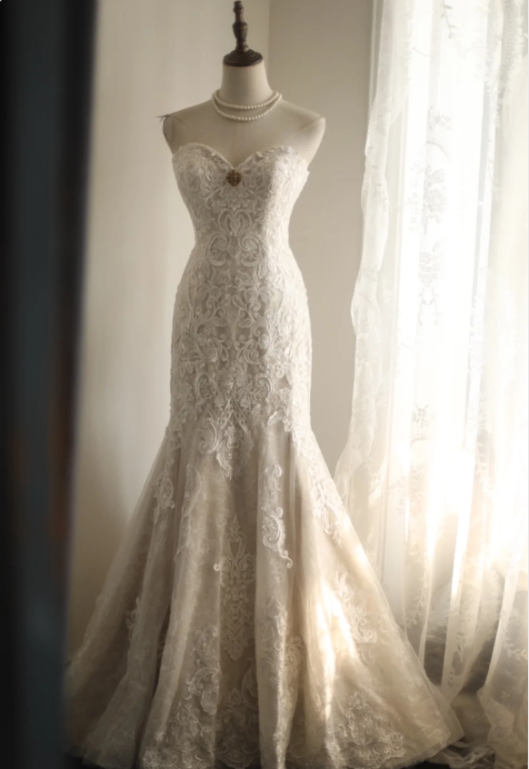 Vintage Lace Mesh Splicing Heart-Shaped Neck Mermaid Princess Wedding Dress P2814