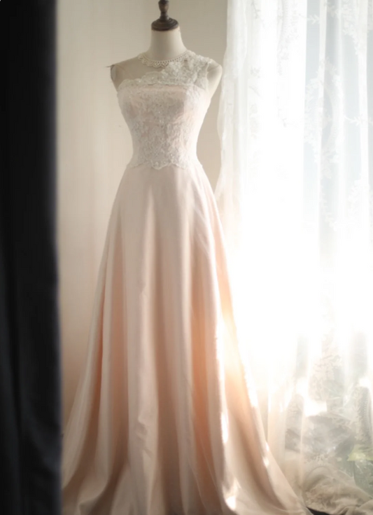 Light pink polka dot lace satin stitching A-line princess wedding dress P2815