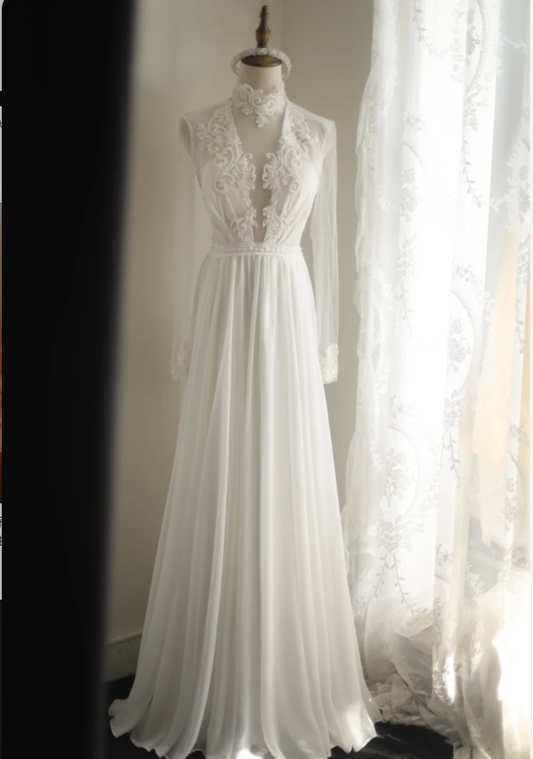 Vintage French Turtleneck Long Sleeve Chiffon Mesh Splicing Elegant Floor-Length Wedding Dress P2816