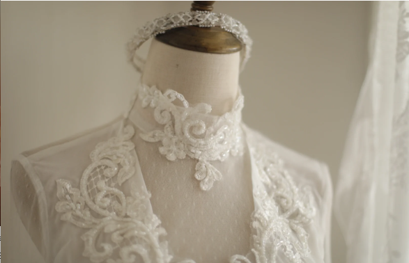 Vintage French Turtleneck Long Sleeve Chiffon Mesh Splicing Elegant Floor-Length Wedding Dress P2816