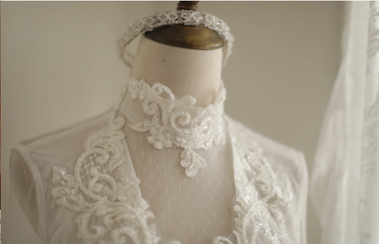 Vintage French Turtleneck Long Sleeve Chiffon Mesh Splicing Elegant Floor-Length Wedding Dress P2816