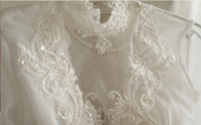 Vintage French Turtleneck Long Sleeve Chiffon Mesh Splicing Elegant Floor-Length Wedding Dress P2816