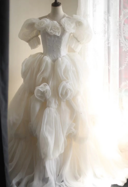 Princess Puff Sleeves Pleated Handmade Flower Tulle A-Line Wedding Dress P2819