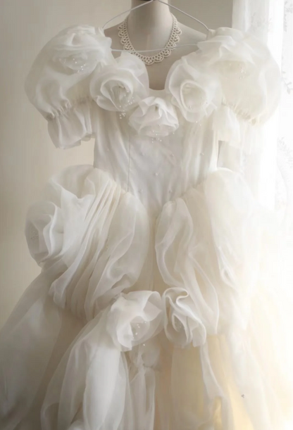 Princess Puff Sleeves Pleated Handmade Flower Tulle A-Line Wedding Dress P2819