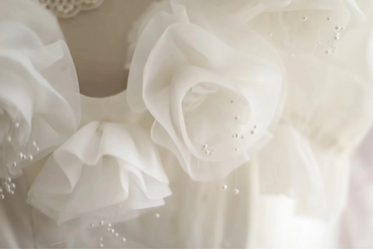 Princess Puff Sleeves Pleated Handmade Flower Tulle A-Line Wedding Dress P2819