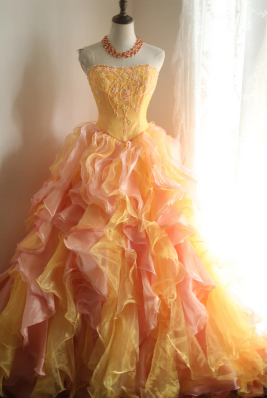 Special Orange Flower Beaded Layered Ruffle Edge A-Line Wedding Dress P2823