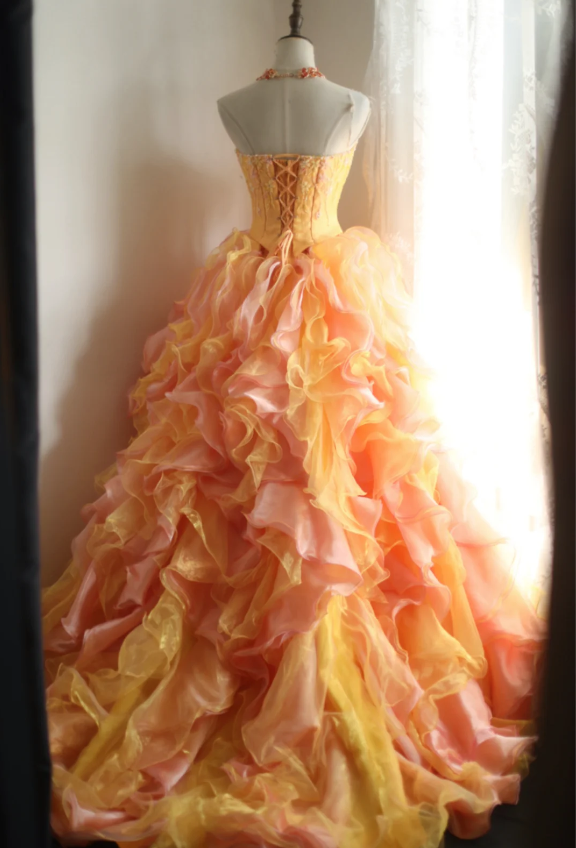 Special Orange Flower Beaded Layered Ruffle Edge A-Line Wedding Dress P2823
