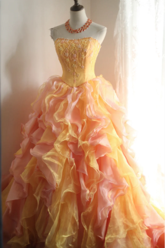 Special Orange Flower Beaded Layered Ruffle Edge A-Line Wedding Dress P2823