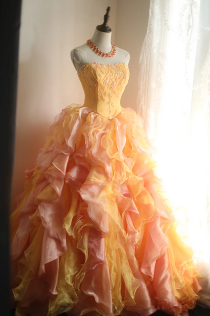 Special Orange Flower Beaded Layered Ruffle Edge A-Line Wedding Dress P2823