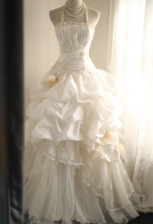 Retro palace irregular halter neck tulle layered ruffled A-line wedding dress P2824