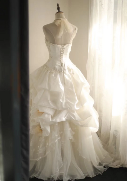 Retro palace irregular halter neck tulle layered ruffled A-line wedding dress P2824