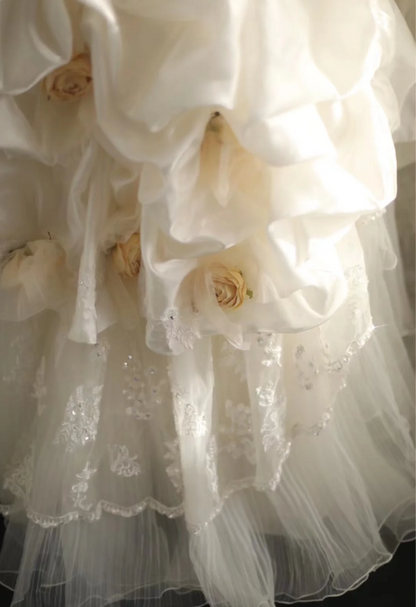 Retro palace irregular halter neck tulle layered ruffled A-line wedding dress P2824