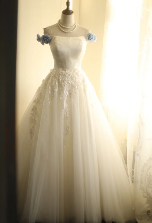 Simple One Shoulder Satin Mesh Splicing A-Line Floor-Length Wedding Dress P2827