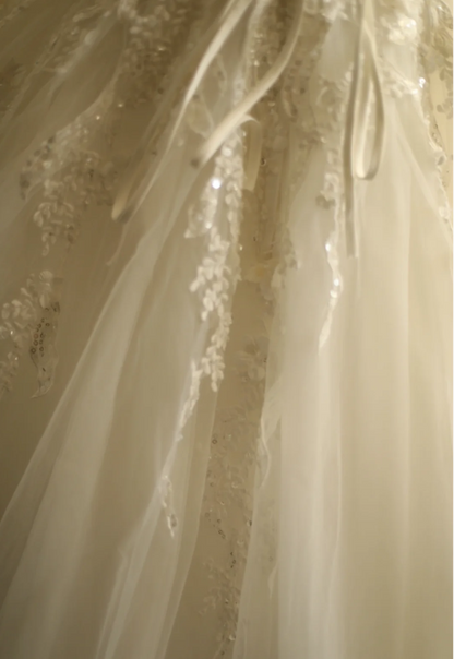 Simple One Shoulder Satin Mesh Splicing A-Line Floor-Length Wedding Dress P2827