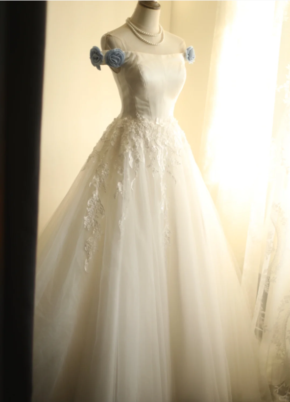 Simple One Shoulder Satin Mesh Splicing A-Line Floor-Length Wedding Dress P2827