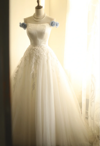 Simple One Shoulder Satin Mesh Splicing A-Line Floor-Length Wedding Dress P2827