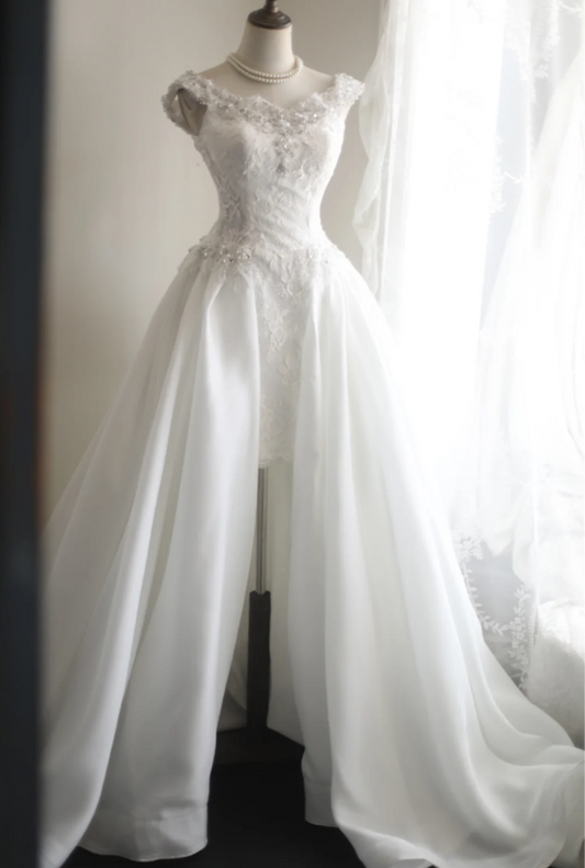 Retro short front and long back one shoulder beaded satin princess wedding dress P2828