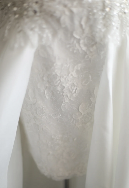 Retro short front and long back one shoulder beaded satin princess wedding dress P2828