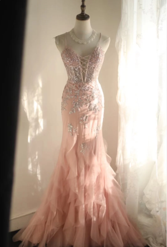 Sweet Pink Slim-Fit Fishtail Sequined Flower Layered Wedding Dress P2829