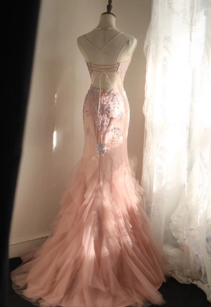 Sweet Pink Slim-Fit Fishtail Sequined Flower Layered Wedding Dress P2829