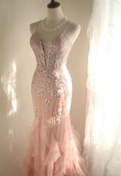 Sweet Pink Slim-Fit Fishtail Sequined Flower Layered Wedding Dress P2829
