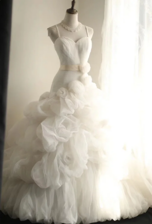 White sling heavy irregular multi-layered skirt mesh fluffy princess wedding dress P2832