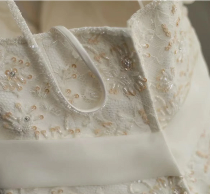 Elegant White Flower Bud Fishtail Hand-beaded Pleated Tulle Wedding Dress P2833