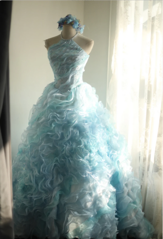 Vintage Heavy Blue Rose Beaded Layered Wood Ear Edge Puffy Princess Wedding Dress P2834