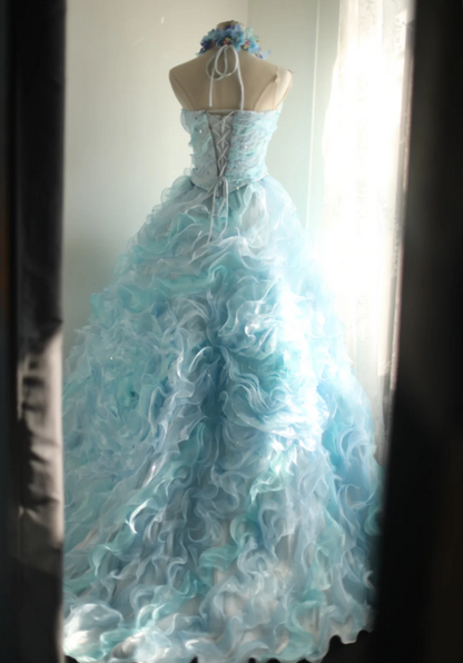 Vintage Heavy Blue Rose Beaded Layered Wood Ear Edge Puffy Princess Wedding Dress P2834