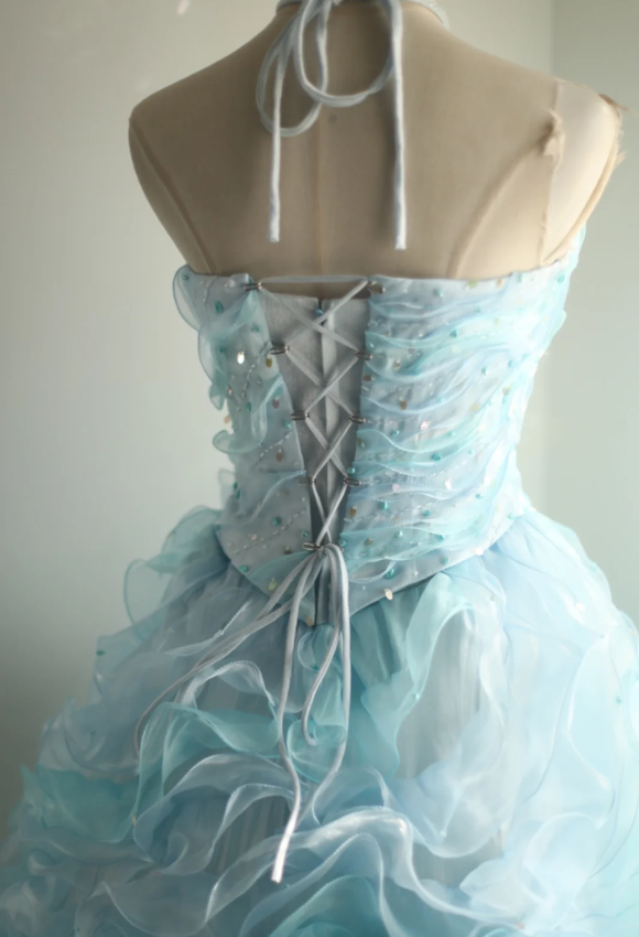 Vintage Heavy Blue Rose Beaded Layered Wood Ear Edge Puffy Princess Wedding Dress P2834