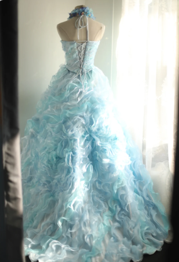 Vintage Heavy Blue Rose Beaded Layered Wood Ear Edge Puffy Princess Wedding Dress P2834