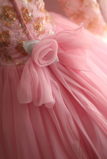 Pink Vintage Hand-beaded Long Sleeve Tulle A-line Floor-length Wedding Dress P2837