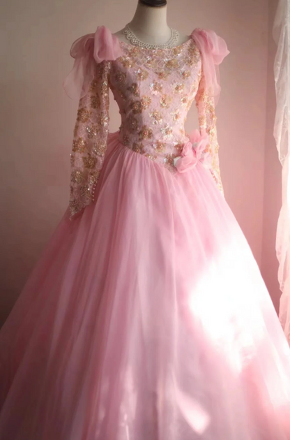 Pink Vintage Hand-beaded Long Sleeve Tulle A-line Floor-length Wedding Dress P2837