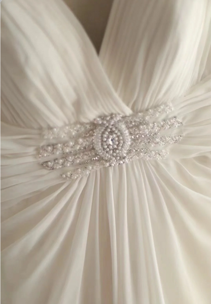 Roman style V-neck pleated shoulder chiffon waist white wedding dress P2840