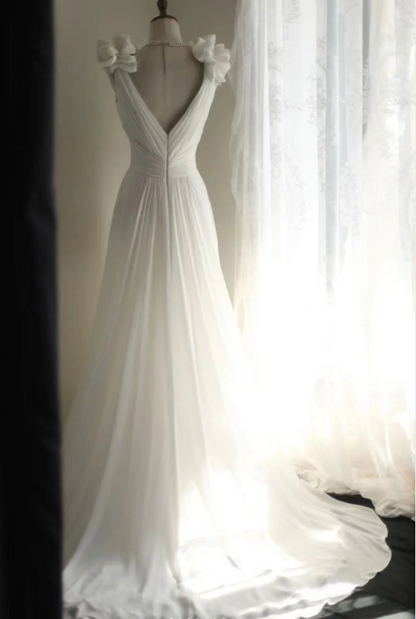 Roman style V-neck pleated shoulder chiffon waist white wedding dress P2840